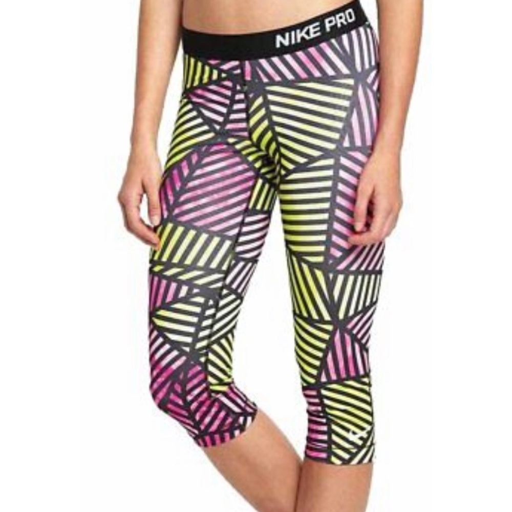 Nike Pro Multicolor Geometric Stripe Capri Leggings - Black, Pink, Yellow